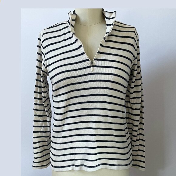 LL Bean 1/4 zip long sleeve top cream w/ navy stripes 100% cotton women's small - Picture 1 of 5